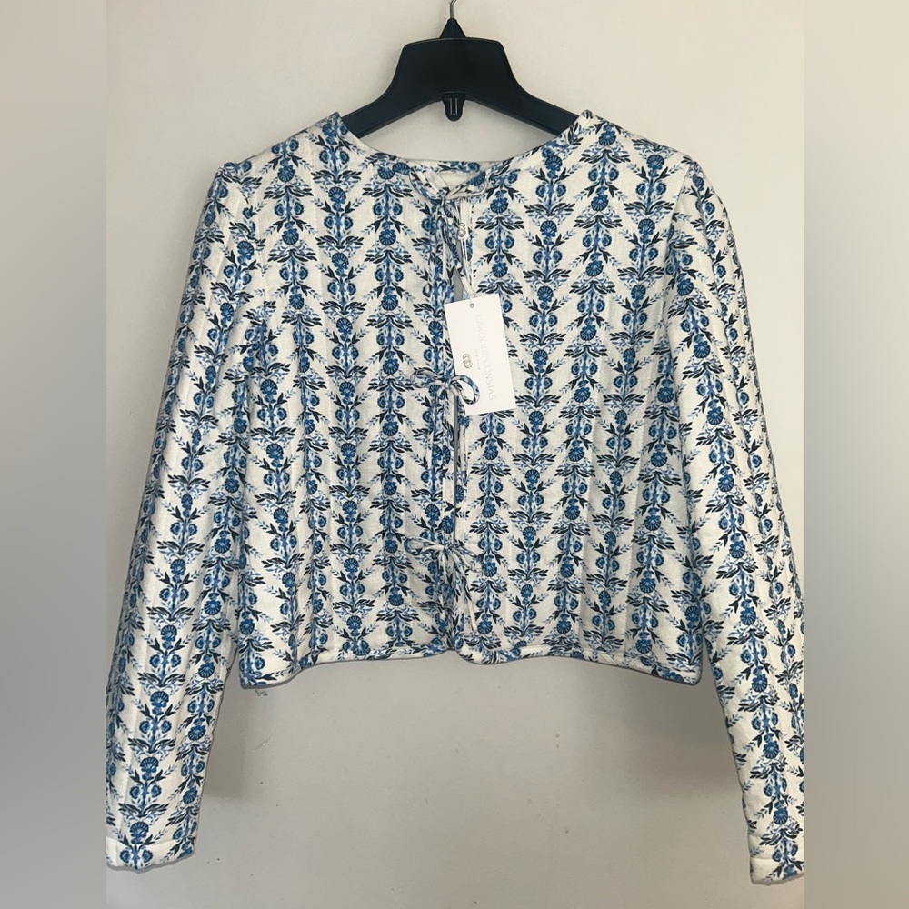 NEW! NWT CAROLINE CONSTAS Bow Floral Patchwork Linen Jacket Blue/White Size S